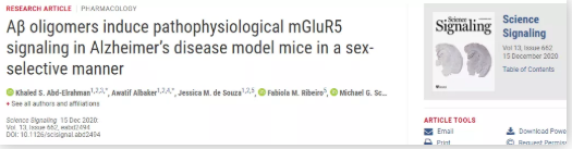代谢型谷氨酸受体5（mGluR5）与雄性小鼠Aβ具有高度亲和力